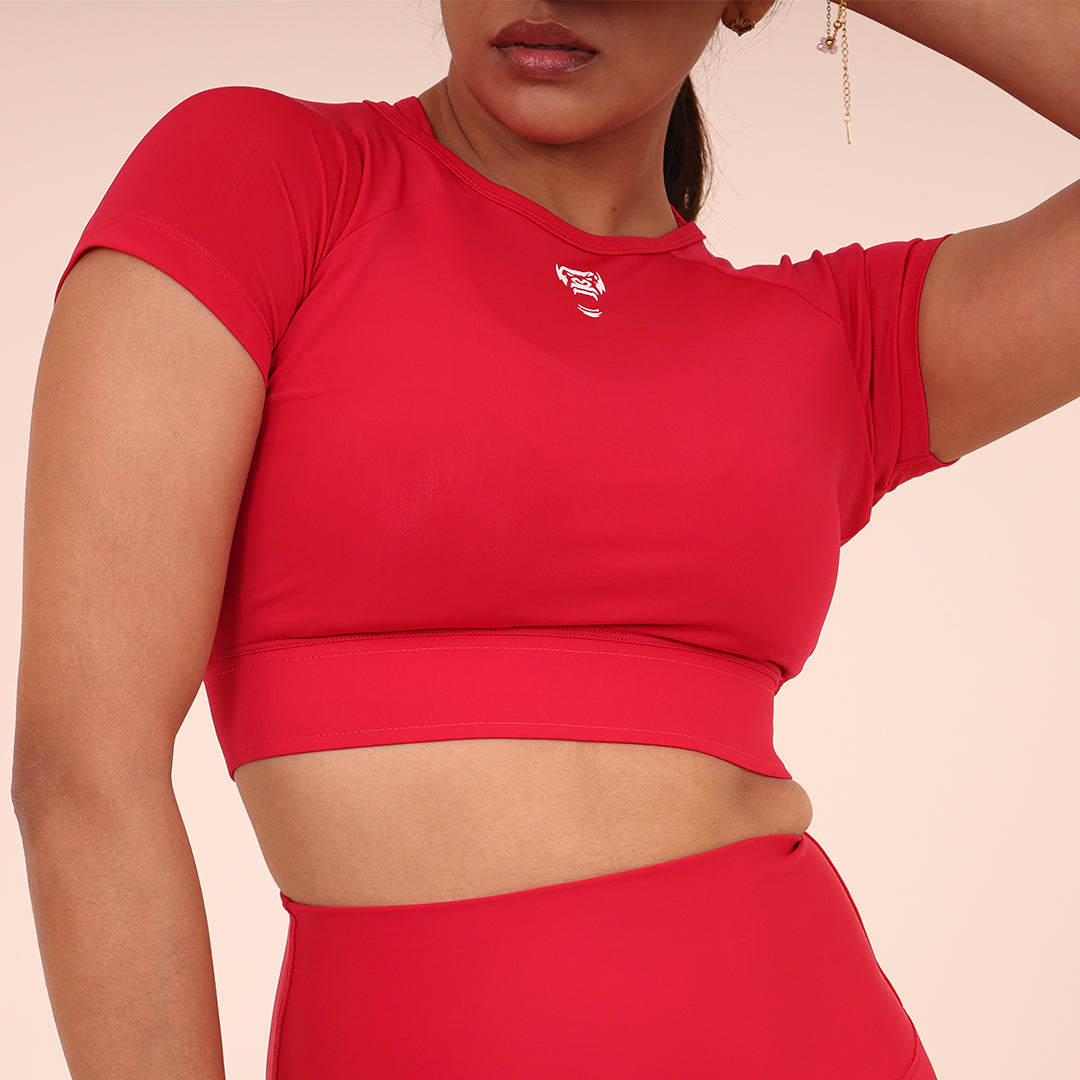 Sculpted Flex Croptop Half sleeve- Sculpted Essentials - Hot Red Pink - Black Ape