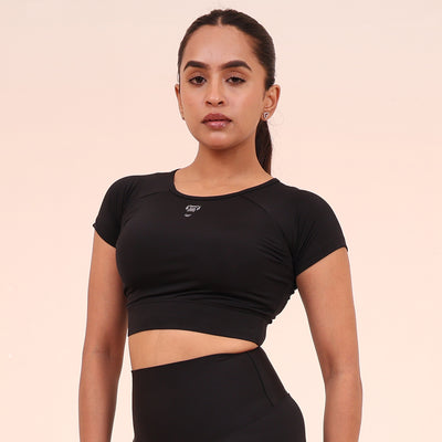 Women’s Sculpted Flex Activewear Half Sleeve Crop Top – Black