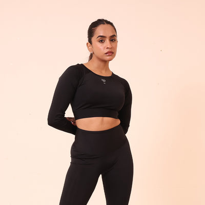 Women’s Sculpted Flex Activewear Full Sleeve Crop Top –  Black