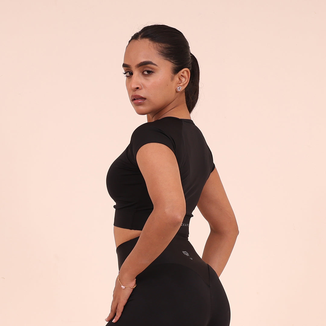 Sculpted Flex Croptop Half sleeve- Sculpted Essentials - Black - Black Ape 
