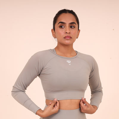 Women’s Sculpted Flex Activewear Full Sleeve Crop Top –  Light Grey
