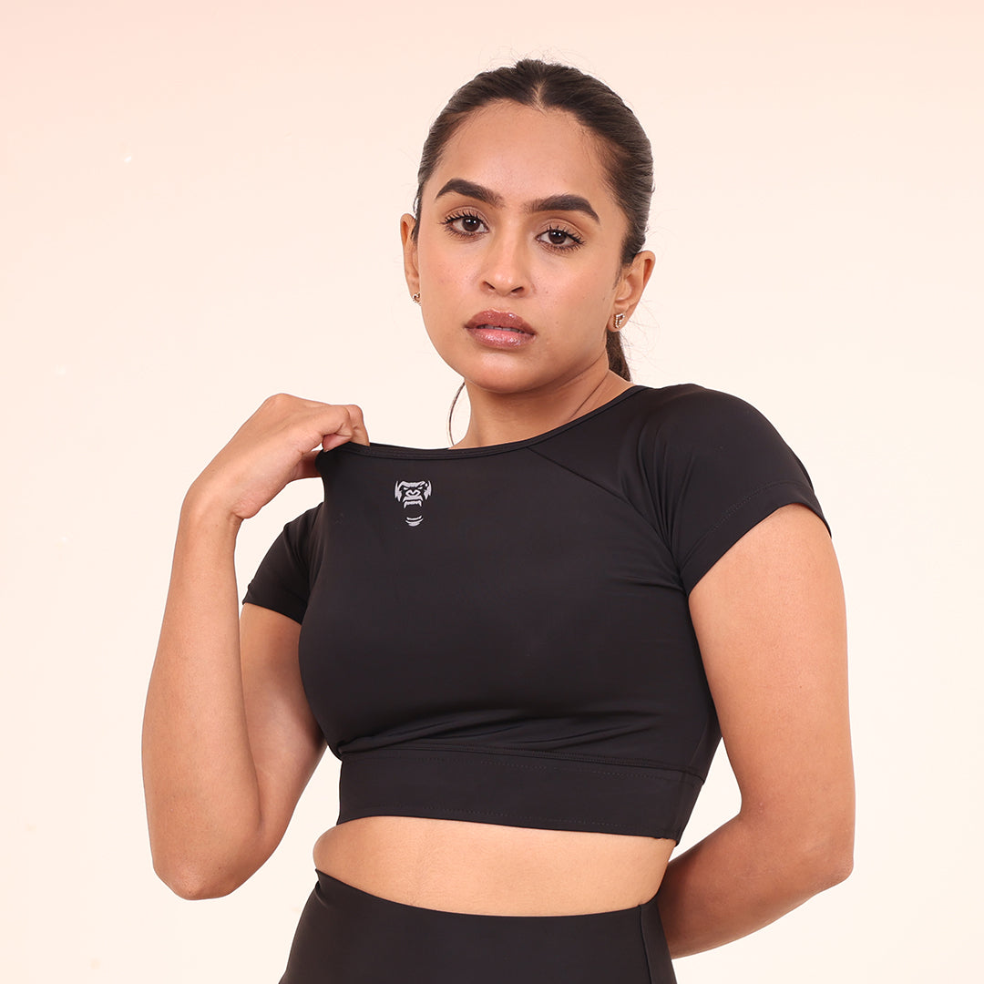 Sculpted Flex Croptop Half sleeve- Sculpted Essentials - Black - Black Ape 