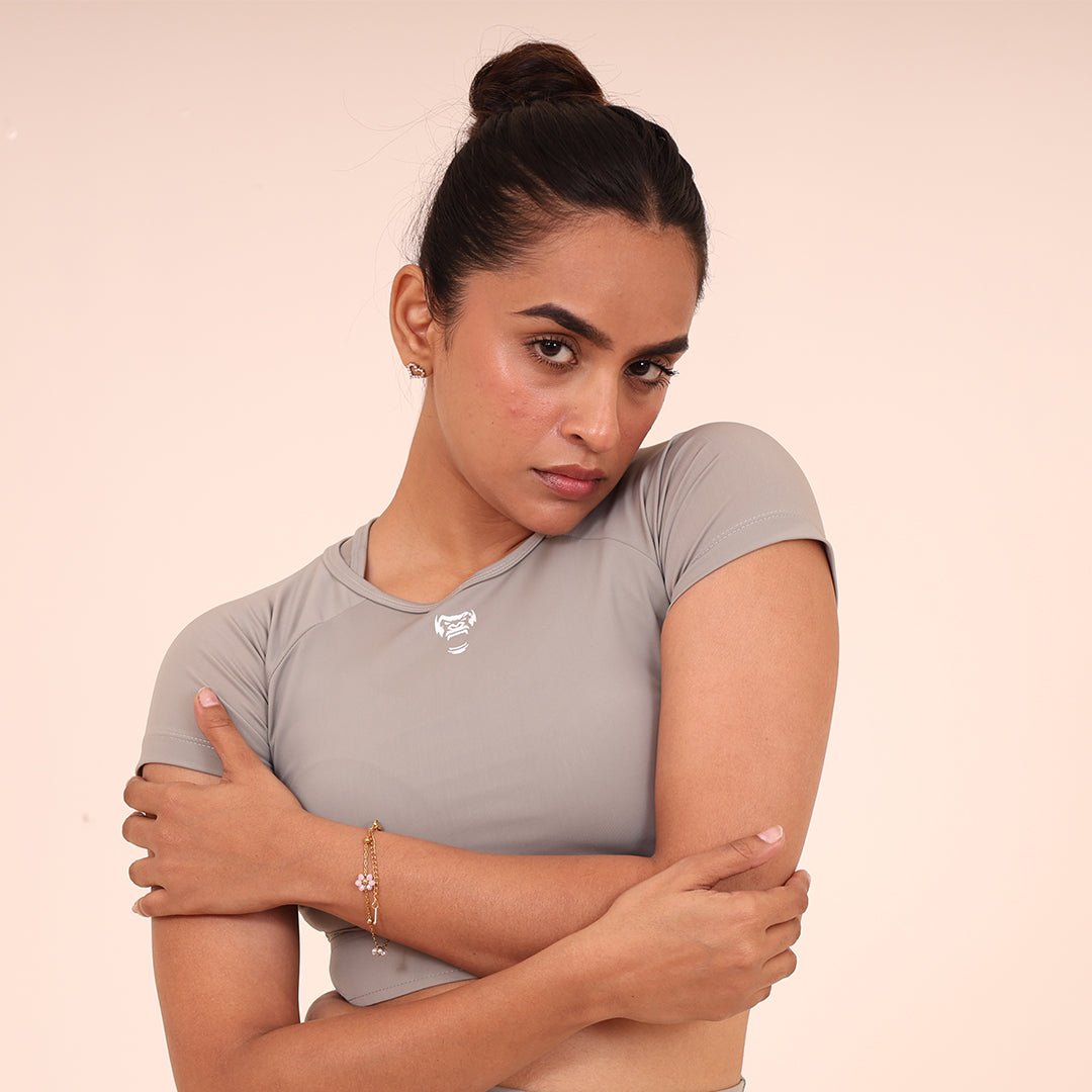 Sculpted Flex Croptop Half sleeve- Sculpted Essentials - Light Grey - Black Ape 