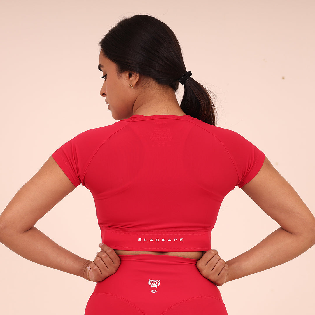Sculpted Flex Croptop Half sleeve- Sculpted Essentials - Hot Red Pink - Black Ape 